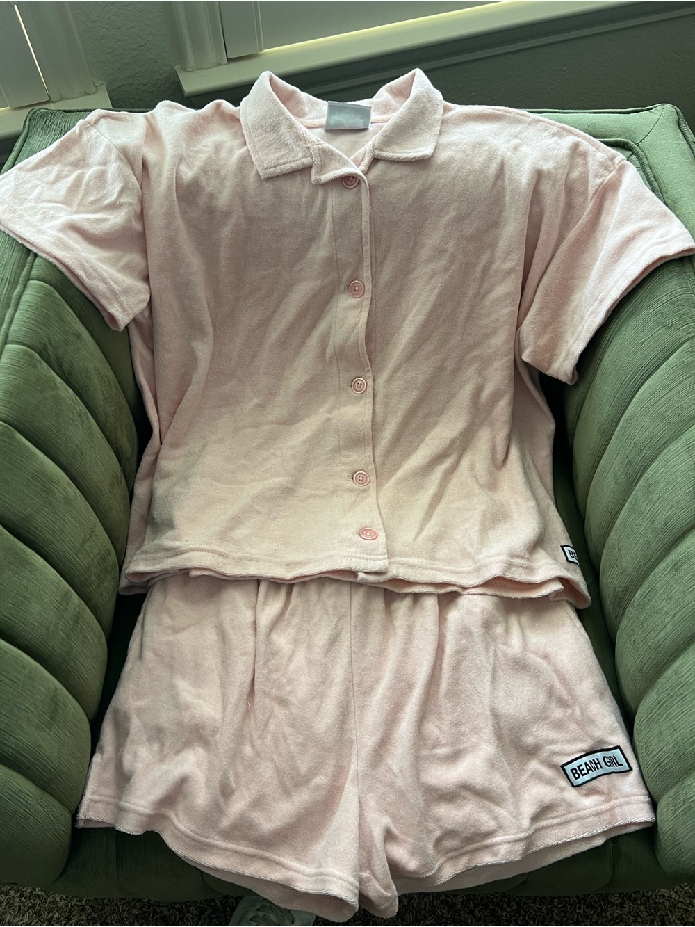 Beach Girl Pink Short-Sleeve Pajama Set - Button Front Top & Shorts